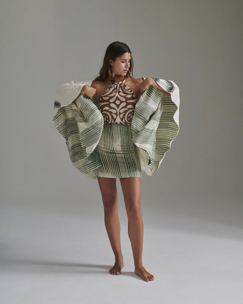 Bianca Pleated Linen Mini Skirt / Green Stripes